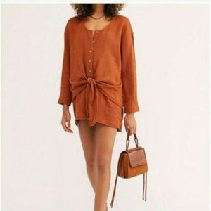 FREE PEOPLE Sz S SMALL ONE PIECE ROMPER‎ RUST OVERSIZE LONG S BUTTON TIE FRONT